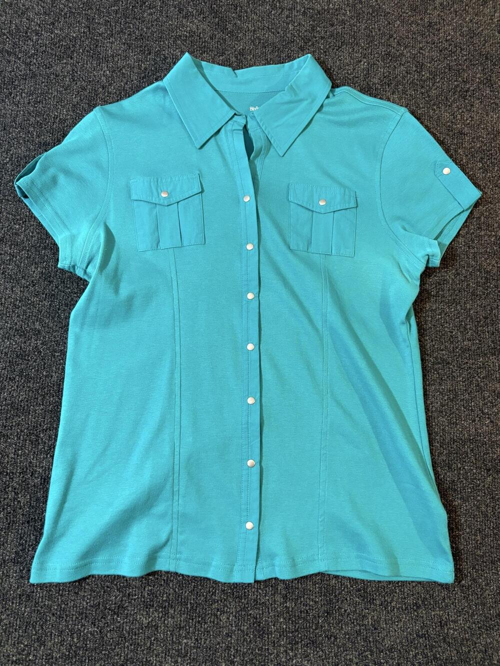 Style&co. Shirt Womens M Blue Snap Front Collared Short Sleeve Cotton Top